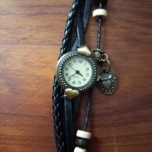 Black Braided Leather Band Heart Charm Gold Tone Ladies Fashion Quartz Watch
